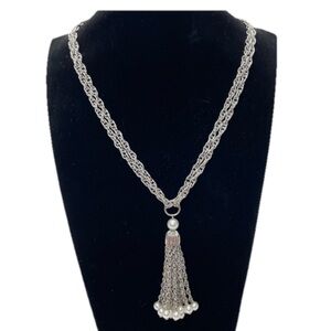 Vintage Silver Tone Necklace Tassel with Faux Pearls